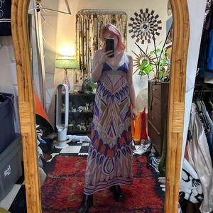 Lilka Anthropologie 100% silk heart graphic retro maxi dress S